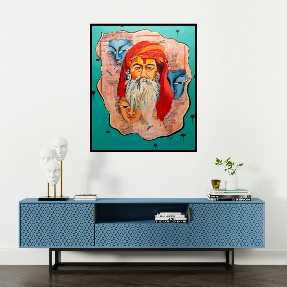 Deepali Mundra's 'Devotation' painting visualized above a sofa in a contemporary room.