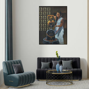 Kamal Rao's 'Devotee (Golden Temple Reflected)' painting visualized above a sofa in a contemporary room.