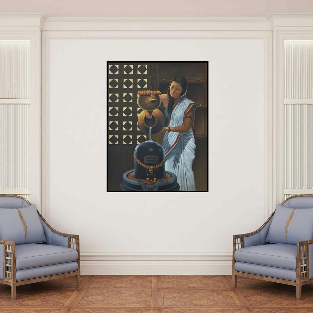 'Devotee (Golden Temple Reflected)' painting by Kamal Rao shown on a wall in a furnished room.