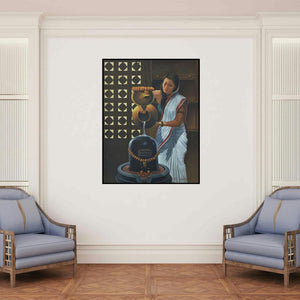 'Devotee (Golden Temple Reflected)' painting by Kamal Rao shown on a wall in a furnished room.