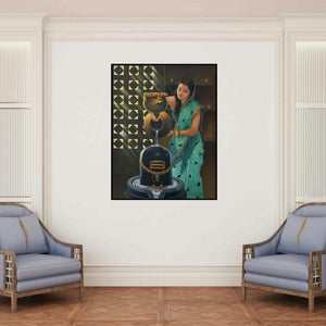 'Devotee (Devotion and Purity A Woman's Offering to Shiva)' painting by Kamal Rao shown on a wall in a furnished room.