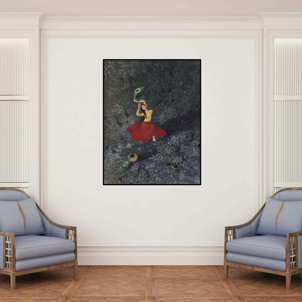 'Devotee 2' painting by Durshit Bhaskar shown on a wall in a furnished room.