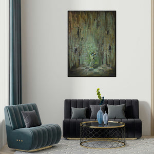 Durshit Bhaskar's 'Devotee (Musician in Ruins)' painting visualized above a sofa in a contemporary room.