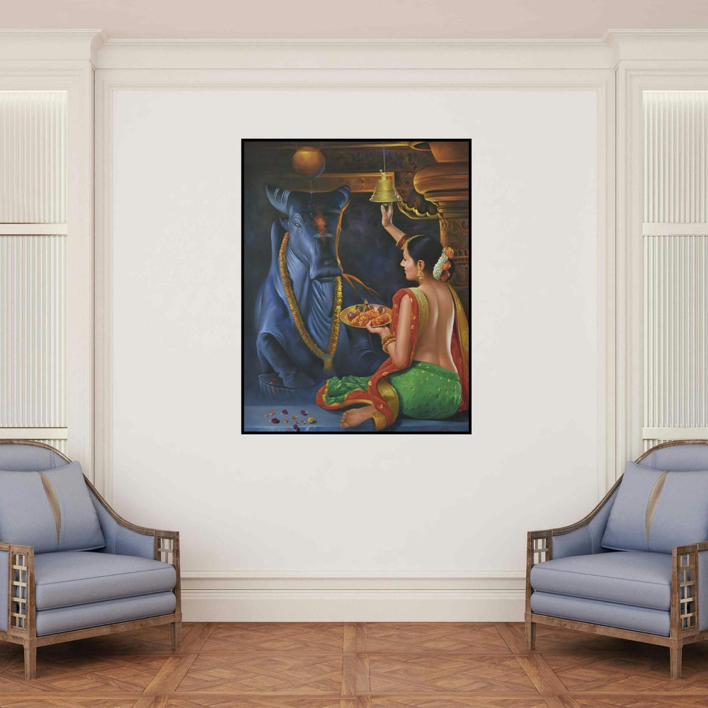 'Devotee (Woman Worshipping Nandi)' painting by Kamal Rao shown on a wall in a furnished room.