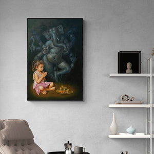 Preview of 'Devotee' Painting by Gopal Sharma shown on a wall in a furnished room.