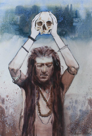 Devotee Of Death by Anupam Chauhan, Original Watercolor Religious Painting on Paper, Small Vertical Wall Art
