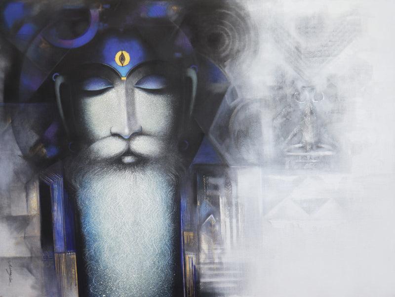 Religious acrylic charcoal painting titled 'Devotee Of Pashupati', 36x48 inches, by artist Somnath Bothe on Canvas