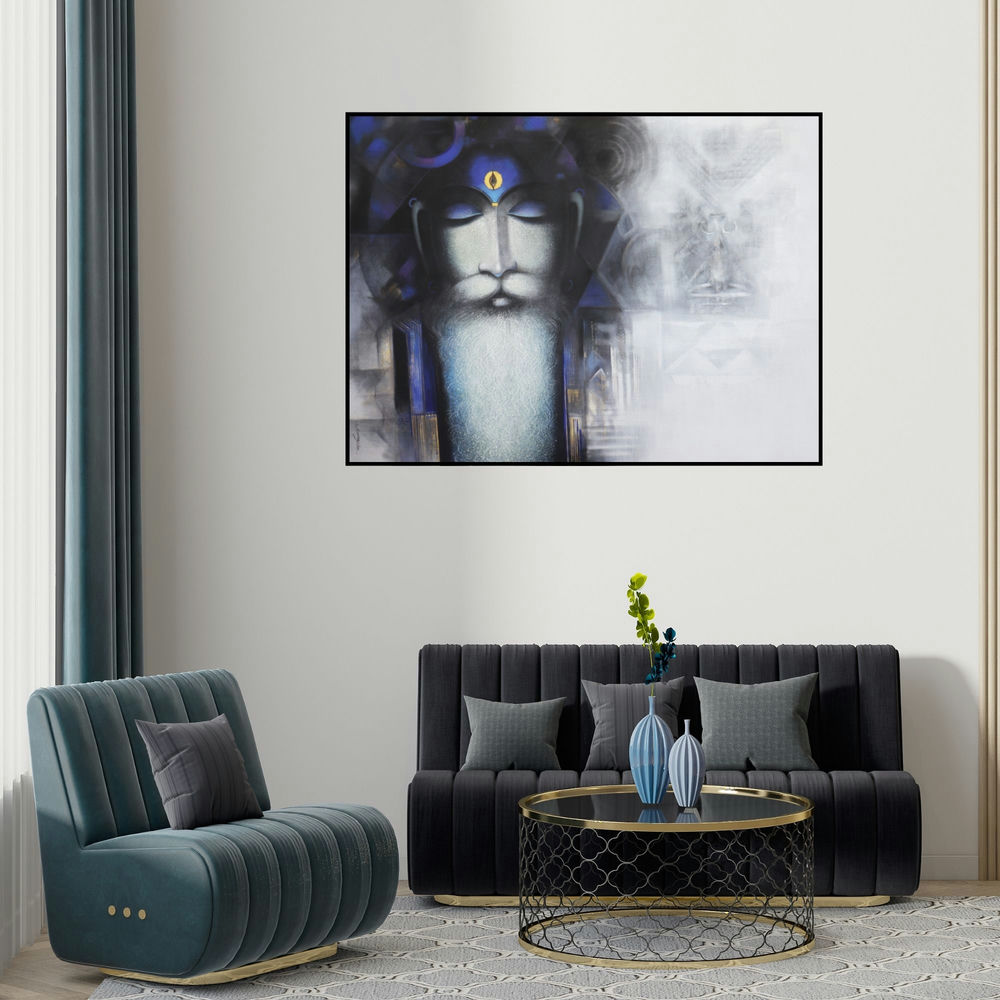 Somnath Bothe's 'Devotee Of Pashupati (The Sage of Eternal Wisdom)' painting visualized above a sofa in a contemporary room.