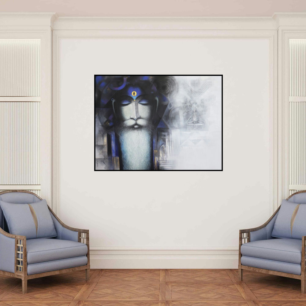 'Devotee Of Pashupati (The Sage of Eternal Wisdom)' painting by Somnath Bothe shown on a wall in a furnished room.