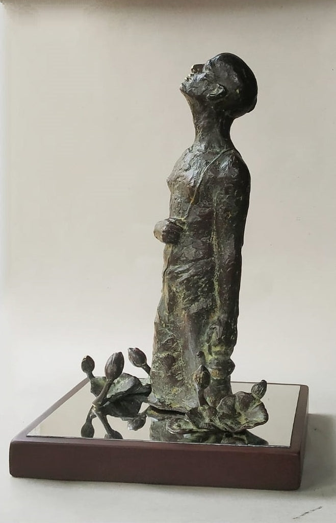 Devotee' figurative Bronze sculpture by artist Shiben Chattopadhyay, 10x7 inch, on bronze