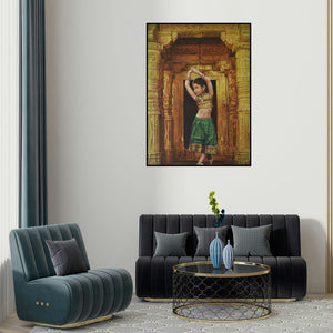 Kamal Rao's 'Devotion (Graceful Pose)' painting visualized above a sofa in a contemporary room.