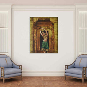 'Devotion (Graceful Pose)' painting by Kamal Rao shown on a wall in a furnished room.