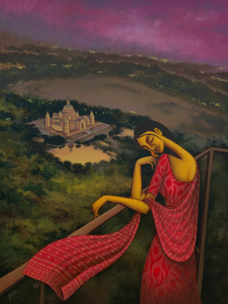 'Devotion 2' figurative acrylic painting by artist Uttam Bhattacharya, 40x30 inch, on canvas