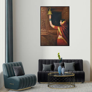 Kamal Rao's 'Devotion (Divine Abode Mata Vaishno Devi Shrine)' painting visualized above a sofa in a contemporary room.