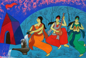 Devotion (Hymn to Shiva) by Chetan Katigar, Original Acrylic Figurative Painting on Canvas, Medium Horizontal Wall Art
