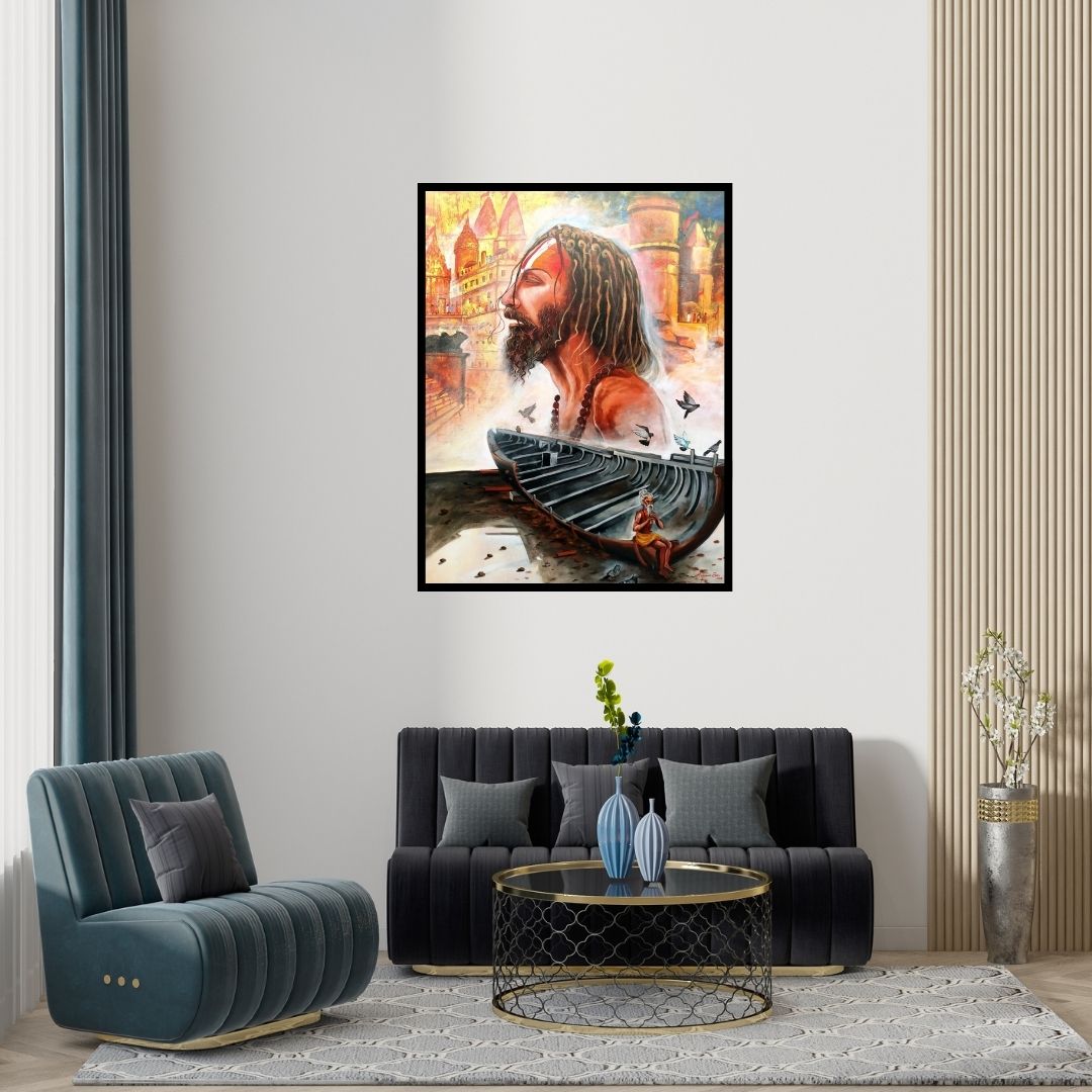 Preview of 'Devotion Of Banaras Ghat (Varanasi Sadhu)' Painting by Arjun Das shown on a wall in a furnished room.