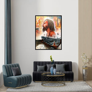 Preview of 'Devotion Of Banaras Ghat (Varanasi Sadhu)' Painting by Arjun Das shown on a wall in a furnished room.