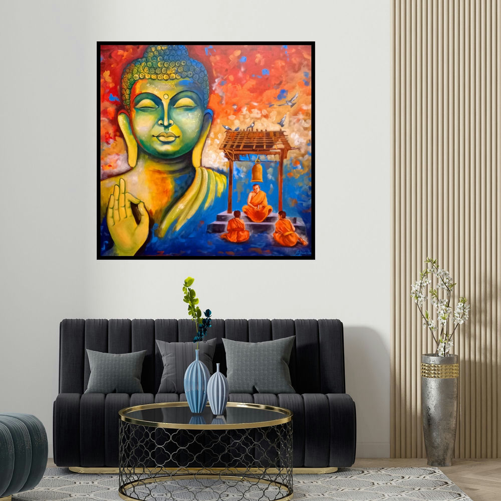 Arjun Das's 'Devotion Of Buddha 10' painting visualized above a sofa in a contemporary room.