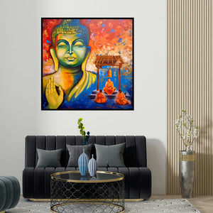 Arjun Das's 'Devotion Of Buddha 10' painting visualized above a sofa in a contemporary room.
