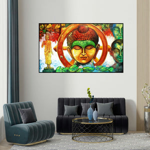 Arjun Das's 'Devotion Of Buddha 4 (Buddha and the Dharmachakra)' painting visualized above a sofa in a contemporary room.