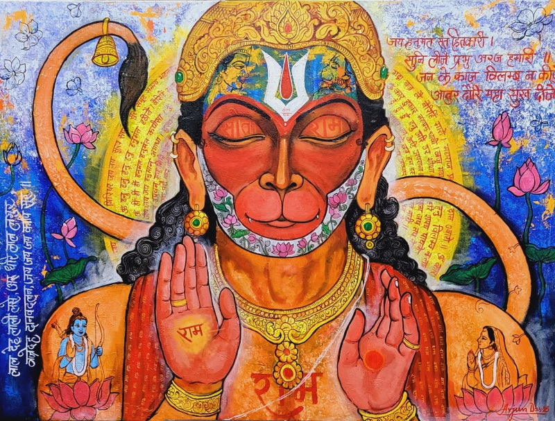 Devotion Of Hanuman' religious acrylic painting by artist Arjun Das, 36x48 inch, on canvas