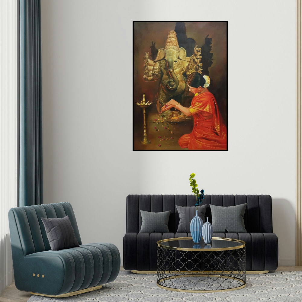 Kamal Rao's 'Devotion (Ganesha Devotee's Offering)' painting visualized above a sofa in a contemporary room.