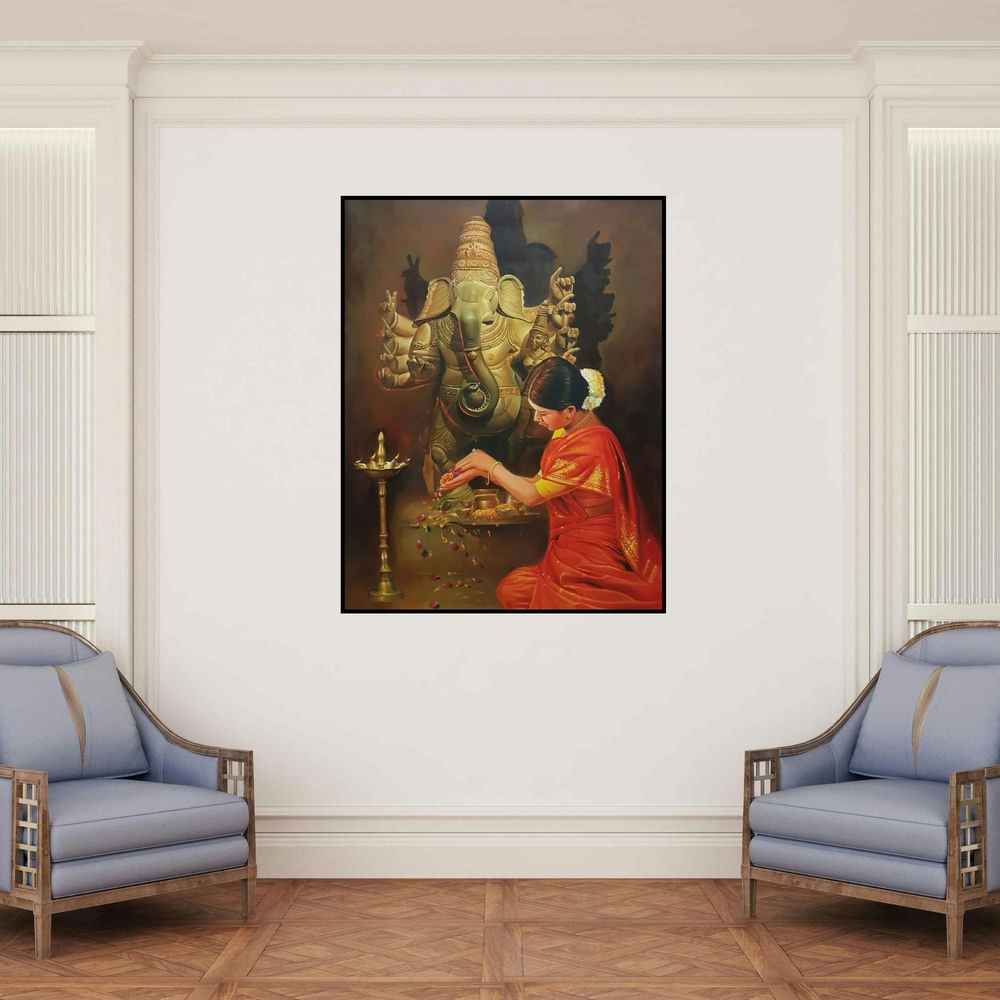 'Devotion (Ganesha Devotee's Offering)' painting by Kamal Rao shown on a wall in a furnished room.