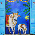 Devotion Of Kamdhenu' religious acrylic painting by artist Arjun Das, 48x36 inch, on canvas
