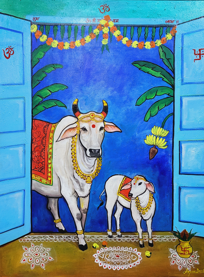 Devotion Of Kamdhenu' religious acrylic painting by artist Arjun Das, 48x36 inch, on canvas