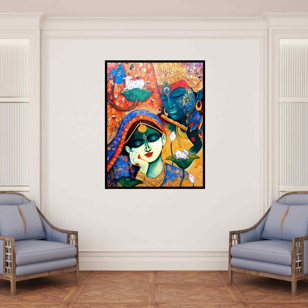 In-situ view of Arjun Das's 'Devotion Of Krishna 15 (Radha Krishna)' painting in a room