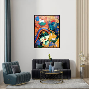 Preview of 'Devotion Of Krishna 15 (Radha Krishna)' Painting by Arjun Das shown on a wall in a furnished room.