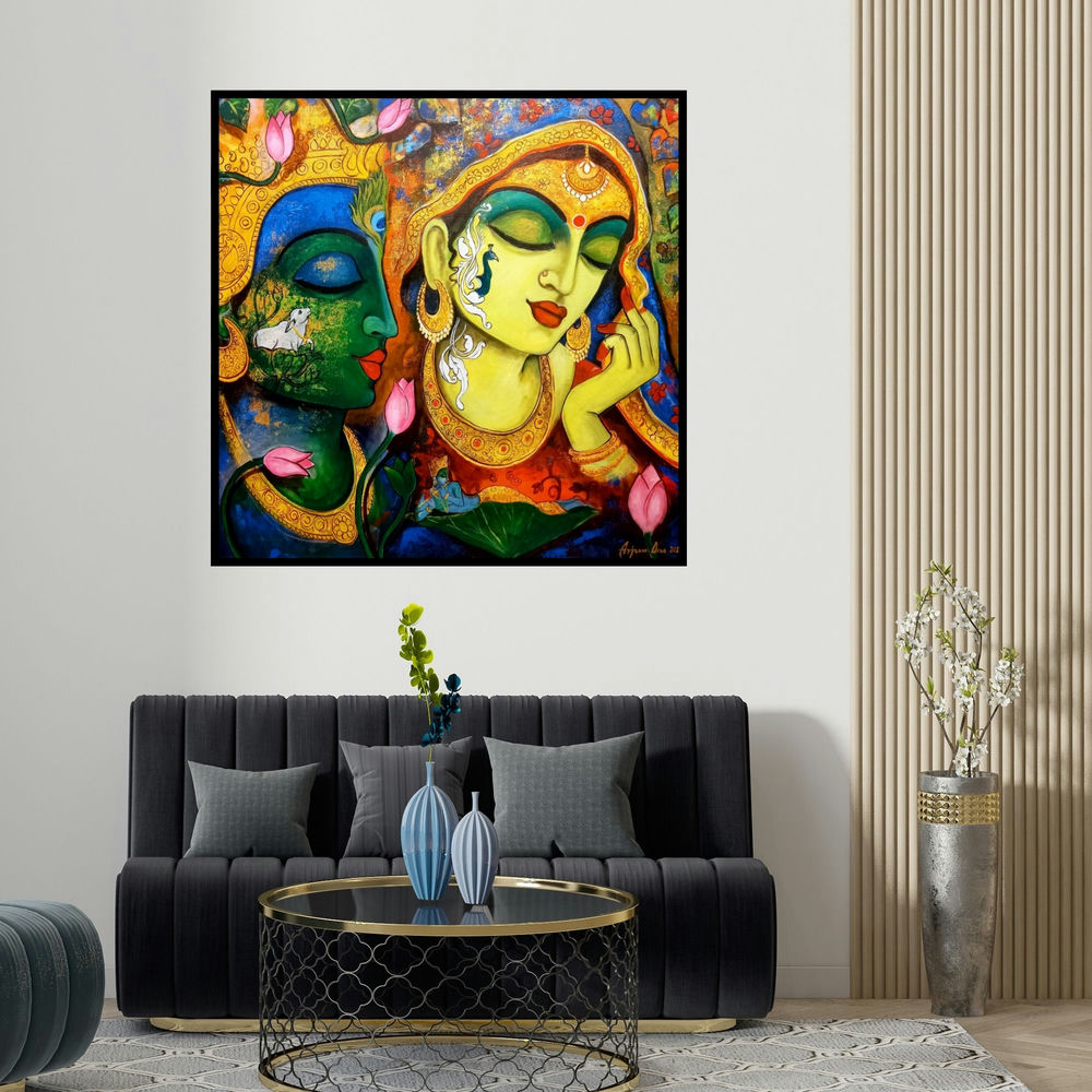 Arjun Das's 'Devotion Of Krishna 18 (Eternal Embrace)' painting visualized above a sofa in a contemporary room.
