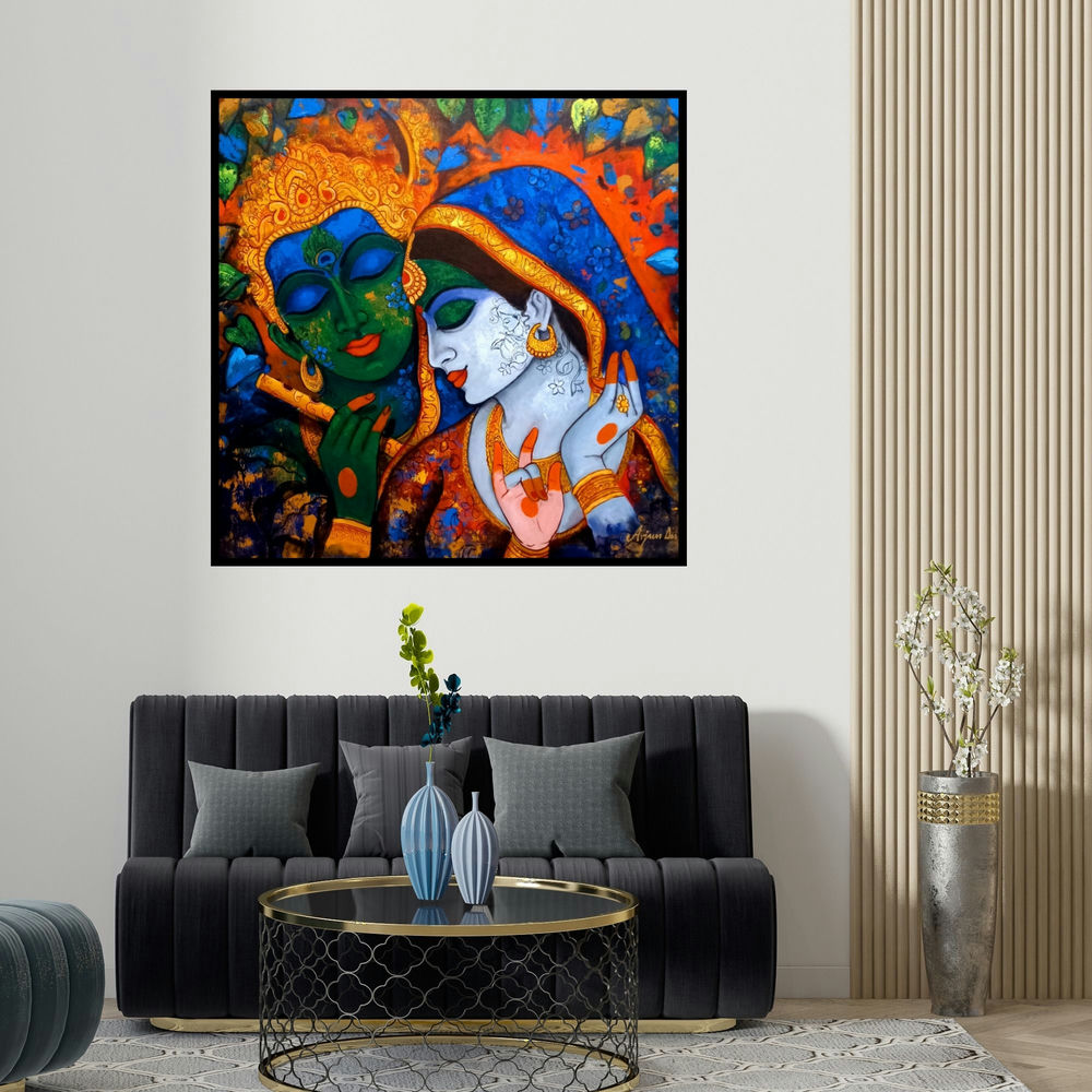 Arjun Das's 'Devotion Of Krishna 22 (Eternal Melody of Love)' painting visualized above a sofa in a contemporary room.