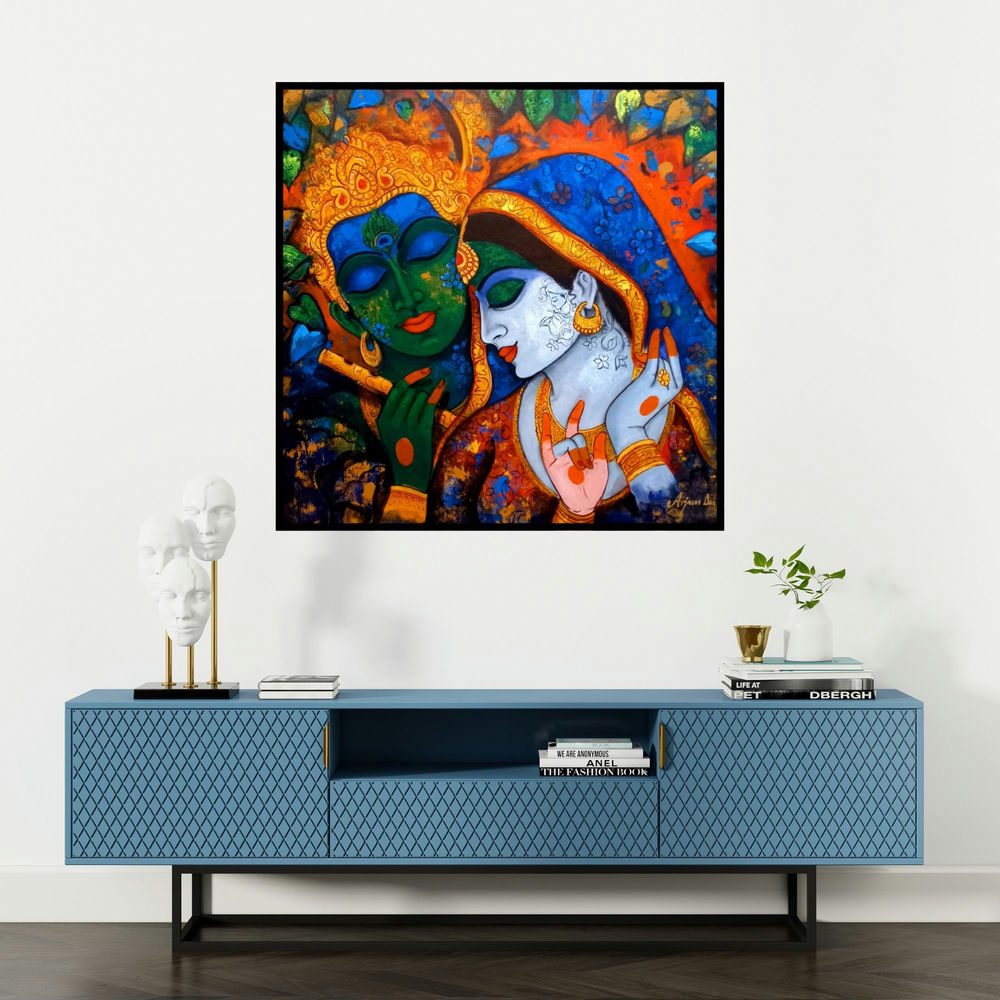 'Devotion Of Krishna 22 (Eternal Melody of Love)' painting by Arjun Das shown on a wall in a furnished room.