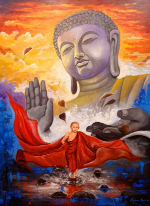 Religious acrylic painting titled 'Devotion Of Buddha 10', 48x36 inches, by artist Arjun Das on canvas
