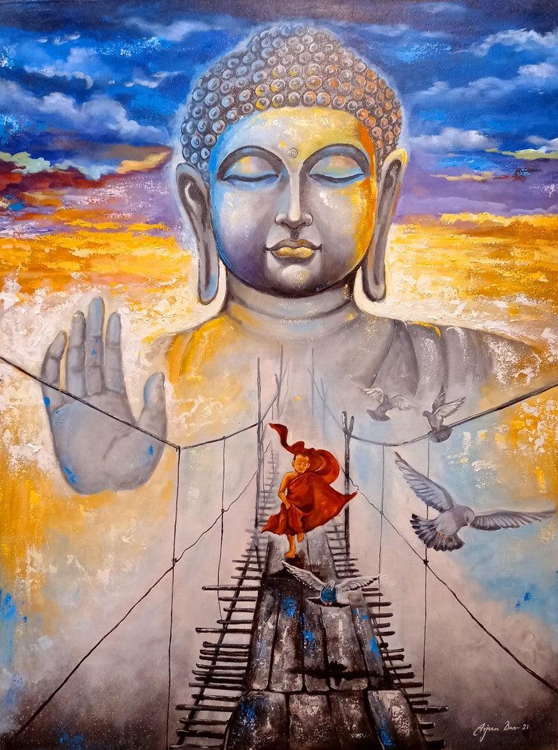 Religious acrylic painting titled 'Devotion Of Buddha 11', 48x36 inches, by artist Arjun Das on Canvas