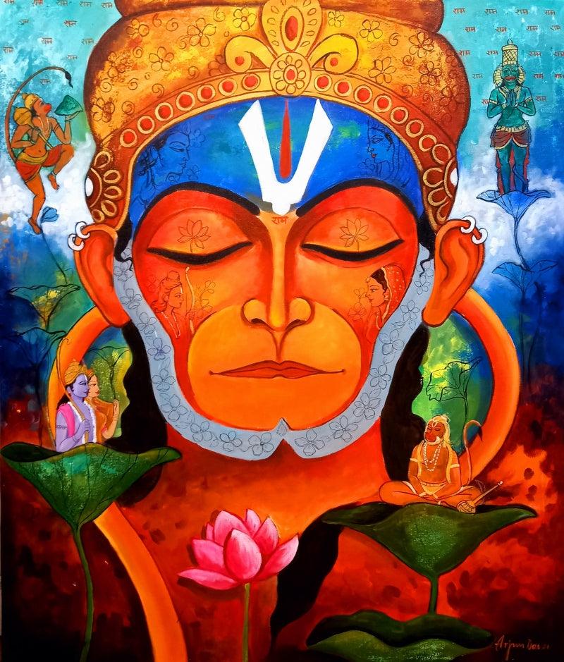 Religious acrylic painting titled 'Devotion Of Hanuman', 42x36 inches, by artist Arjun Das on Canvas