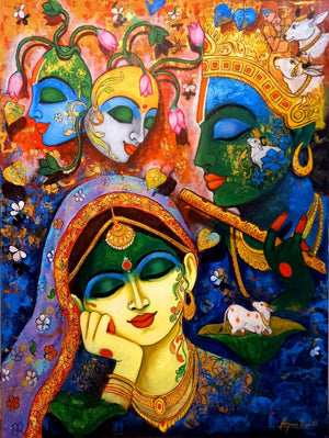 Religious acrylic painting titled 'Devotion Of Krishna 17', 48x36 inches, by artist Arjun Das on Canvas