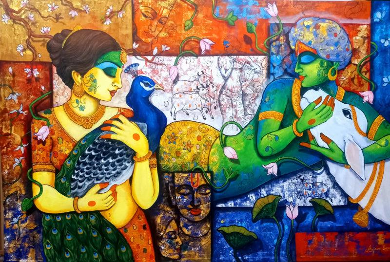 Religious acrylic painting titled 'Devotion Of Krishna 21', 48x72 inches, by artist Arjun Das on Canvas