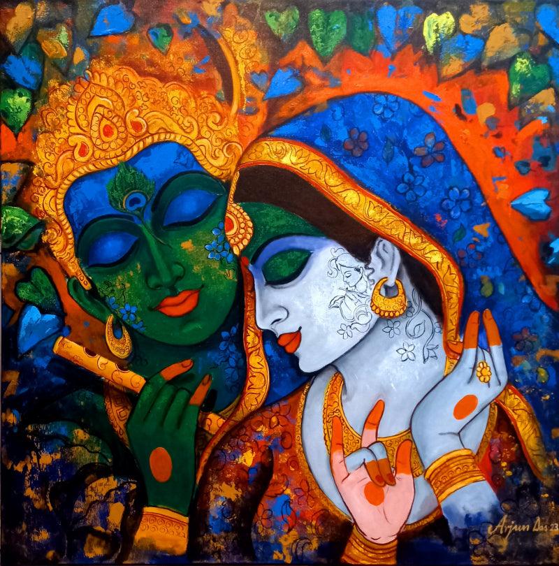 Religious acrylic painting titled 'Devotion Of Krishna 22', 36x36 inches, by artist Arjun Das on Canvas