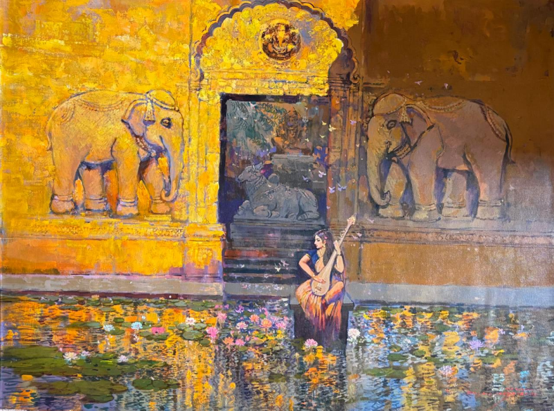 Devotion In Peace' figurative acrylic painting by artist Sayajirao Nangare, 36x48 inch, on canvas
