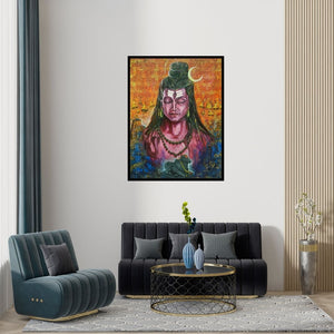 Preview of 'Devotion Of Shiva (Shiva's Eternal Mantra)' Painting by Arjun Das shown on a wall in a furnished room.