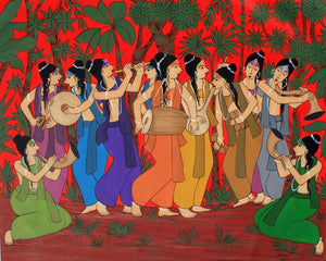 Devotional Choir (Divine Symphony) by Chetan Katigar, Original Acrylic Figurative Painting on Canvas, X-Large Horizontal Wall Art