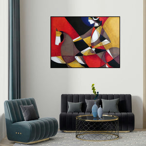 Satyendra Rane's 'Devotional Ride (Abstract Horse and Rider)' painting visualized above a sofa in a contemporary room.