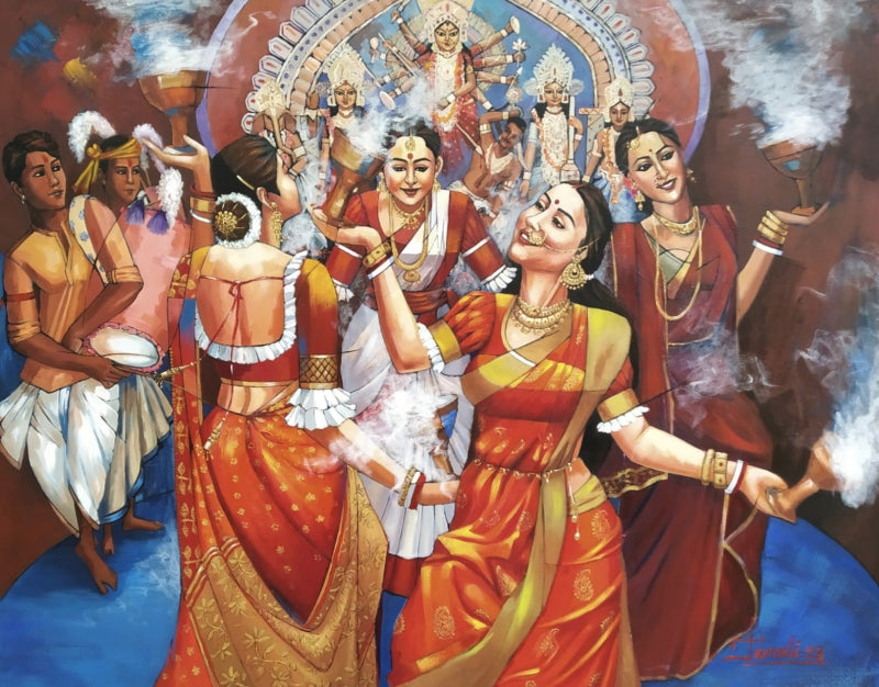 Dhunuchi' figurative acrylic painting by artist Tamali Das, 42x54 inch, on canvas