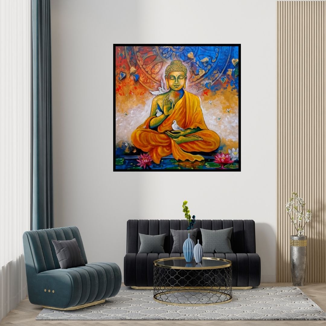 Preview of 'Dhyan Mudra' Painting by Arjun Das shown on a wall in a furnished room.