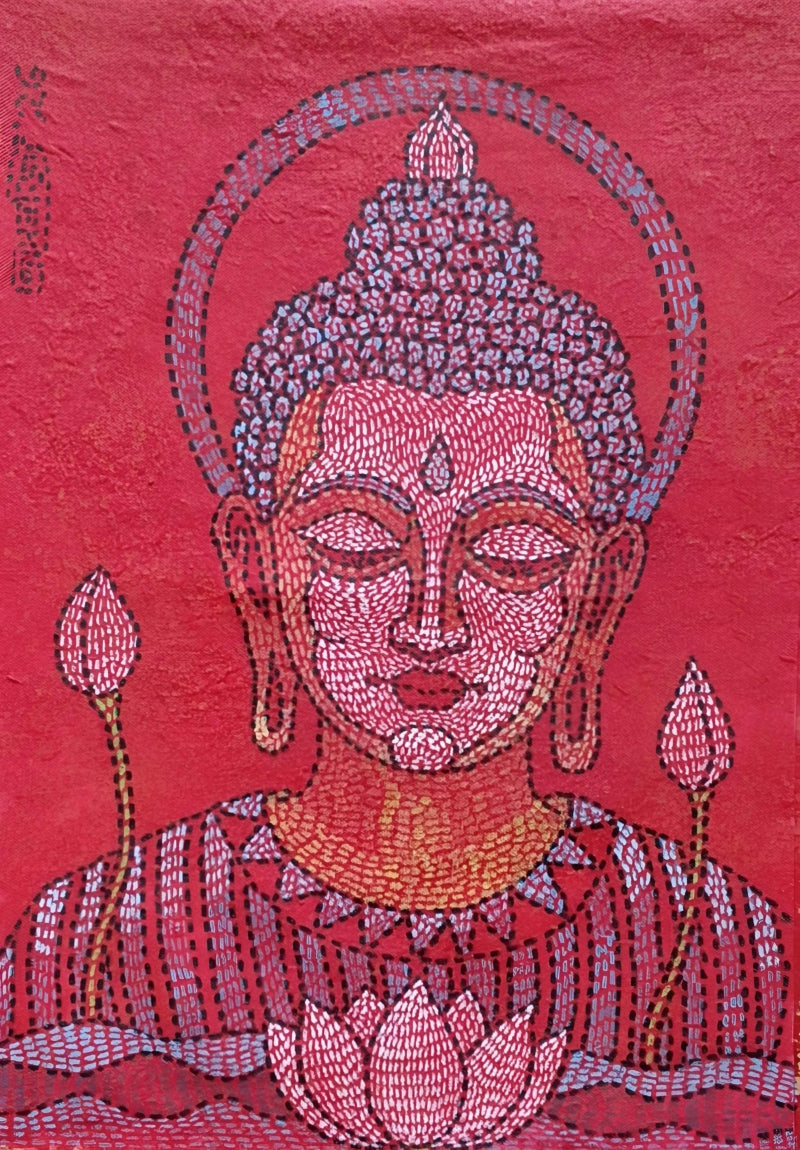 The Dhyana' religious acrylic painting by artist Prasenjit Nath, 17x12 inch, on canvas