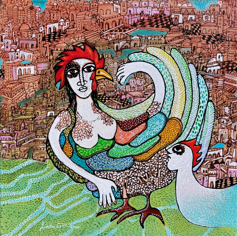 Dialogue With Nature 4' contemporary acrylic-ink painting by artist Poonam Kishor, 12x12 inch, on canvas