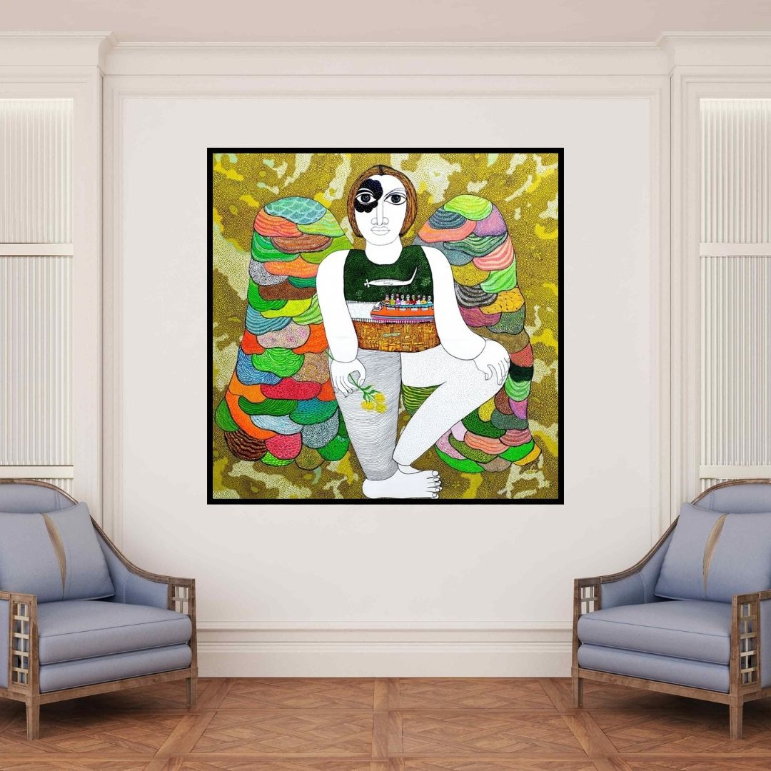 In-situ view of Poonam Kishor's 'Dialogue With Nature' painting in a room