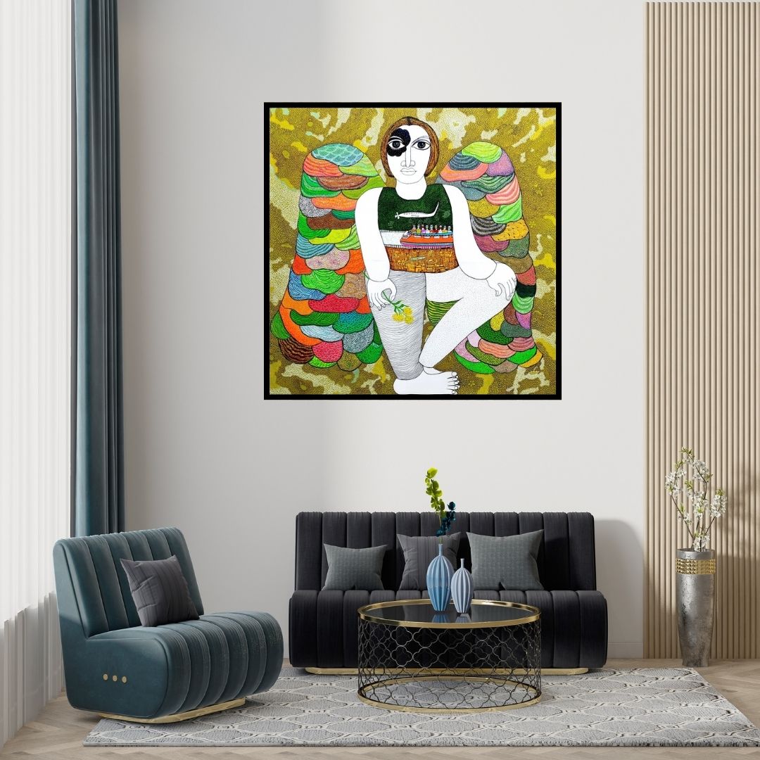 Preview of 'Dialogue With Nature' Painting by Poonam Kishor shown on a wall in a furnished room.